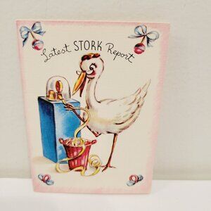 Vtg 60s Stork Report Baby Announcement Pink Rattle Bows Mini Card Boston USA